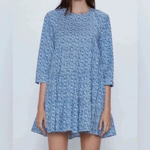 Zara Blue and White Floral Tiered Dress Size Small